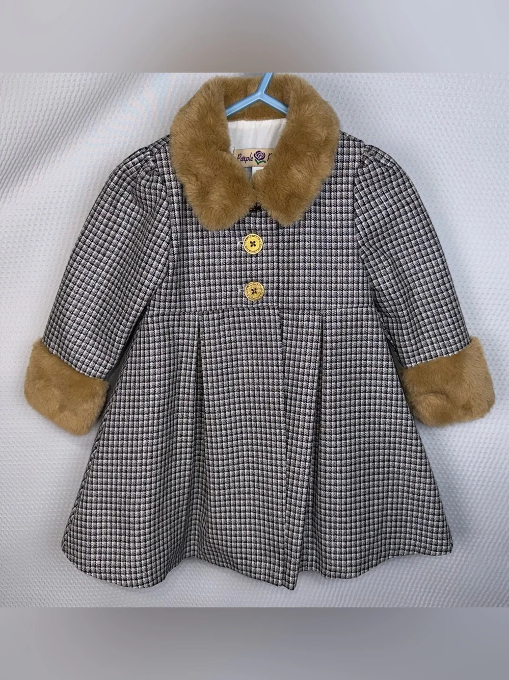 Purple Rose Toddler Girls 18M Houndstooth Coat Faux Fur Trim Dress Winter Jacket